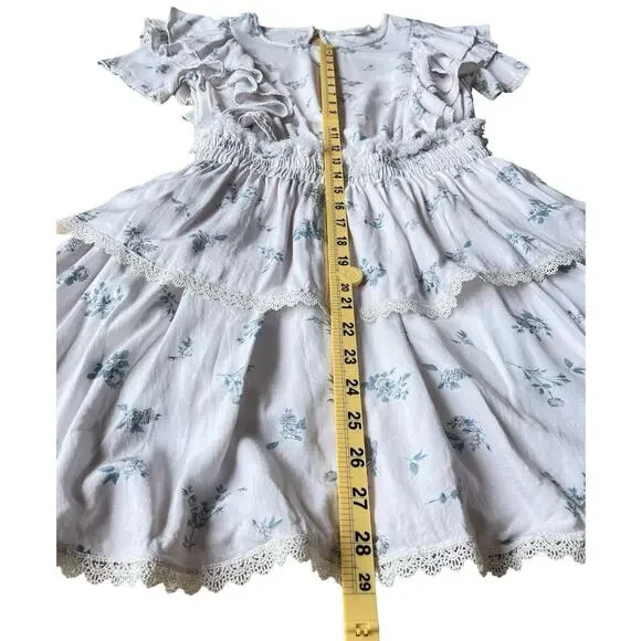 Shabby Chic White Blue Floral Ruffle Mini Dress Cottagecore - Size XS - Picture 7 of 9
